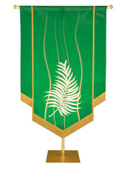 Custom Banner Experiencing God with white Palm (right) embellished with hand-applied gold brocade and fringe on Green