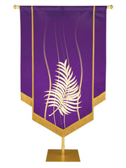 Custom Banner Experiencing God with white Palm (right) embellished with hand-applied gold brocade and fringe on Purple