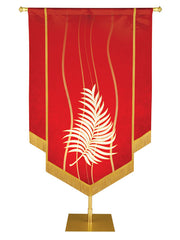 Custom Banner Experiencing God with white Palm (right) embellished with hand-applied gold brocade and fringe on Red