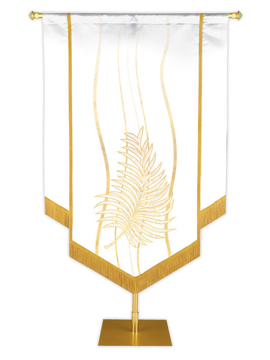 Custom Banner Experiencing God with white Palm (right) embellished with hand-applied gold brocade and fringe on White