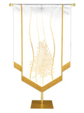 Custom Banner Experiencing God with white Palm (right) embellished with hand-applied gold brocade and fringe on White