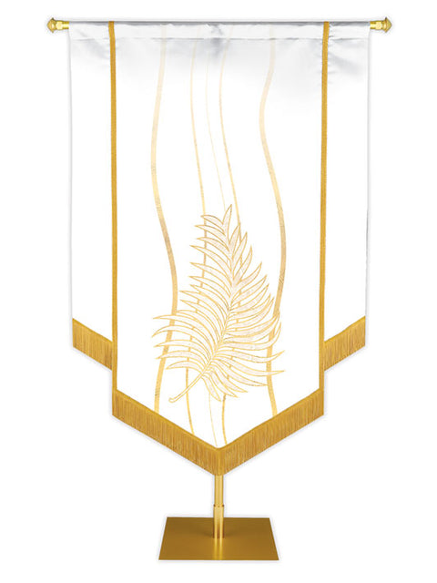 Custom Banner Experiencing God with white Palm (right) embellished with hand-applied gold brocade and fringe on White