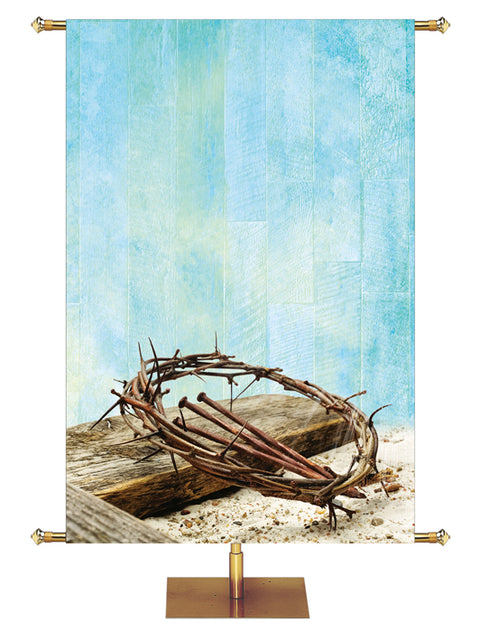 Custom Church Banner Background with Crown of Thorns, Cross and Nails (Left) on blue rustic background