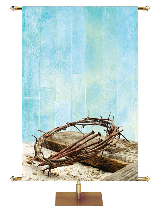 Custom Church Banner Background with Crown of Thorns, Cross and Nails (Right) on blue rustic background