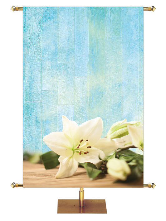 Custom Church Banner Background with Easter Lily (Right) on blue rustic background