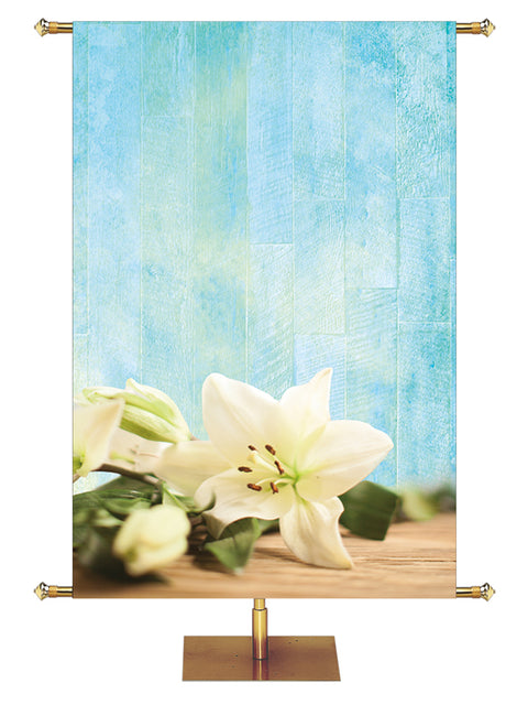 Custom Church Banner Background with Easter Lily (Left) on blue rustic background