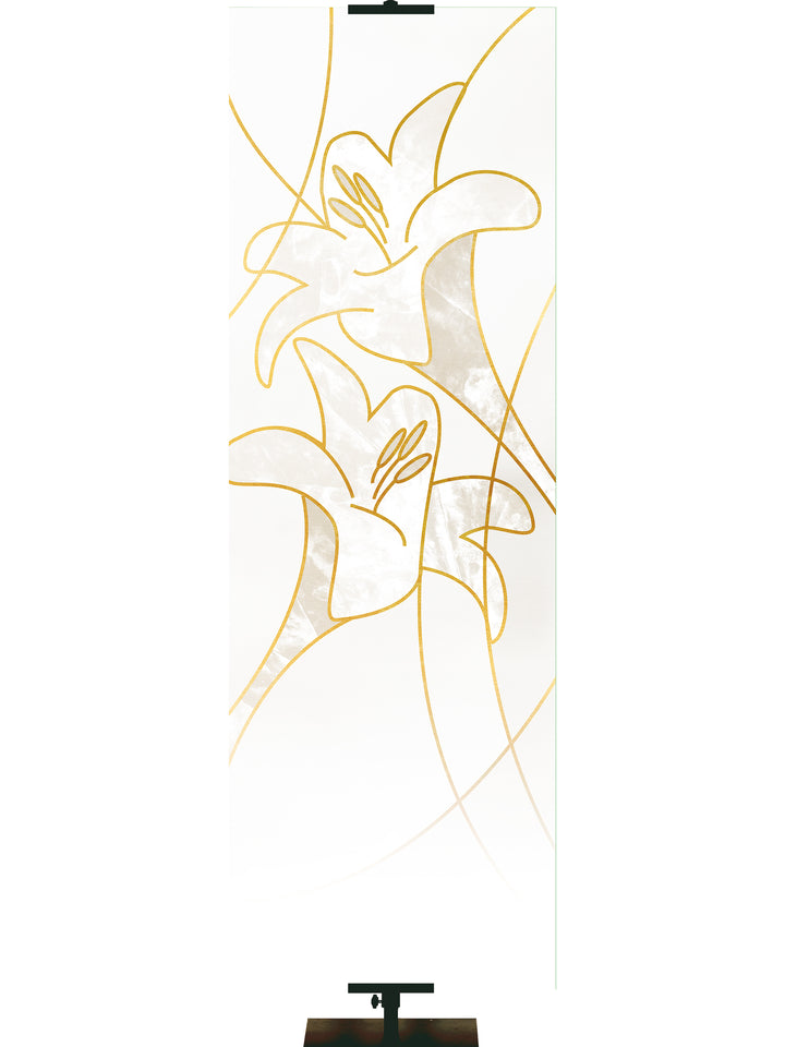 Custom Easter Liturgy Lily White Banner with two Easter Lily Blooms right above left outlined in gold in thin banner format