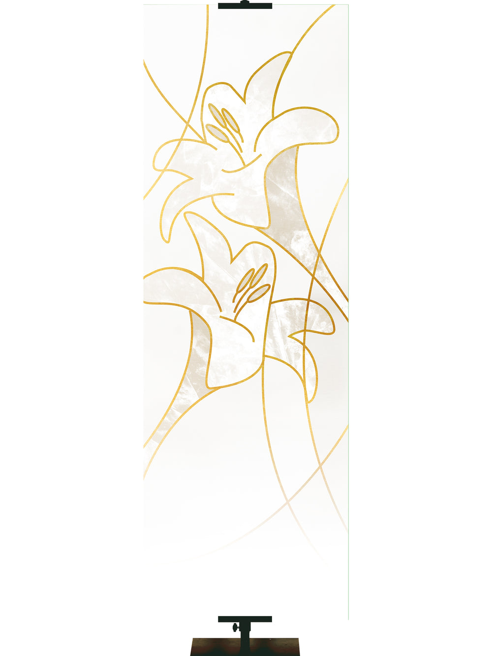 Custom Easter Liturgy Lily White Banner with two Easter Lily Blooms right above left outlined in gold in thin banner format