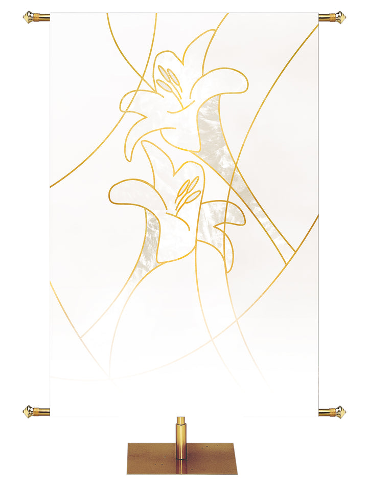 Custom Easter Liturgy Lily White Banner with two Easter Lily Blooms right above left outlined in gold in wide banner format