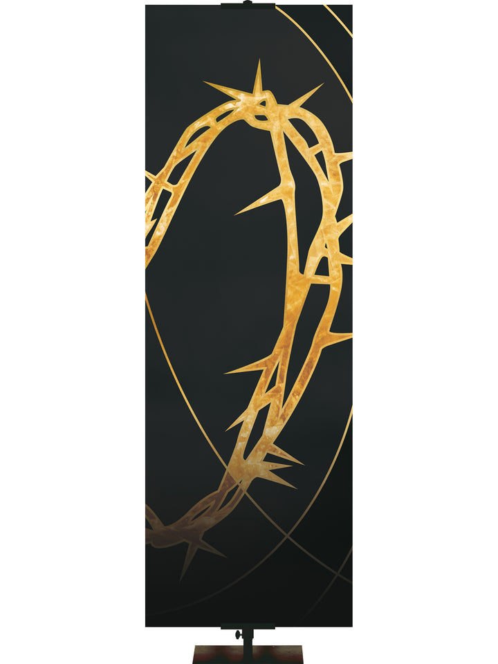 Custom Crown of Thorns Easter Liturgy Black Banner with Gold Crown of Thorns and gold accents thin format and right orientation