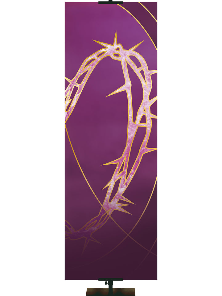 Custom Crown of Thorns Easter Liturgy Purple Banner with Gold Crown of Thorns and gold accents thin format and right orientation