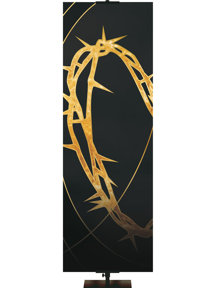 Custom Crown of Thorns Easter Liturgy Black Banner with Gold Crown of Thorns and gold accents thin format and left orientation