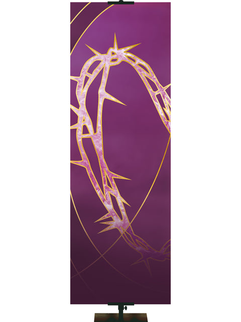 Custom Crown of Thorns Easter Liturgy Purple Banner with Gold Crown of Thorns and gold accents thin format and left orientation