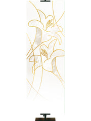 Custom Easter Liturgy Lily White Banner with two Easter Lily Blooms left above right outlined in gold in thin banner format
