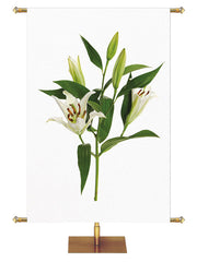 Custom Church Banner for Easter. White Easter Lily Blooms with Green Leaves and Buds on White Banner