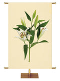 Custom Church Banner for Easter. White Easter Lily Blooms with Green Leaves and Buds on Yellow Banner