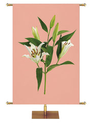 Custom Church Banner for Easter. White Easter Lily Blooms with Green Leaves and Buds on Rose Gold Banner