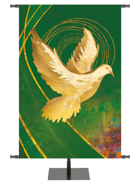 Custom Banner Background Graceful Liturgy Dove in Blue, Green, Purple and Red with golden highlights