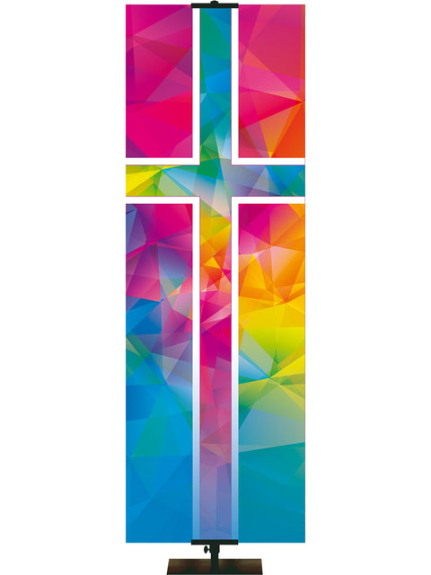 Hues of Grace Custom Banner with brightly multicolord Cross Symbol - left side orientation thin format banner
