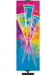 Custom Banner Background Hues of Grace with brilliantly multicolored Crucifixion Nails Symbol in thin format left side