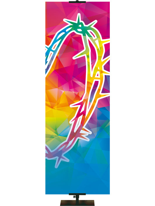 Custom Banner Background Hues of Grace with brilliantly multicolored Crown of Thorns Symbol right side thin format