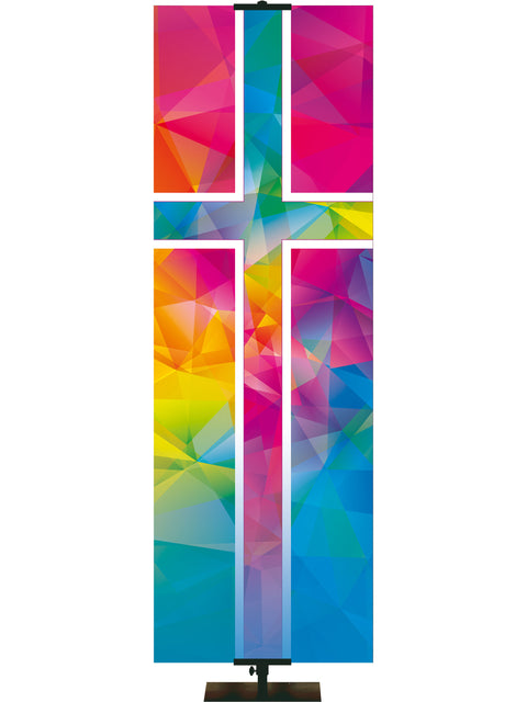 Hues of Grace Custom Banner with brightly multicolord Cross Symbol - right side orientation thin format banner
