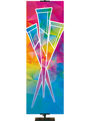 Custom Banner Background Hues of Grace with brilliantly multicolored Crucifixion Nails Symbol in thin format right side