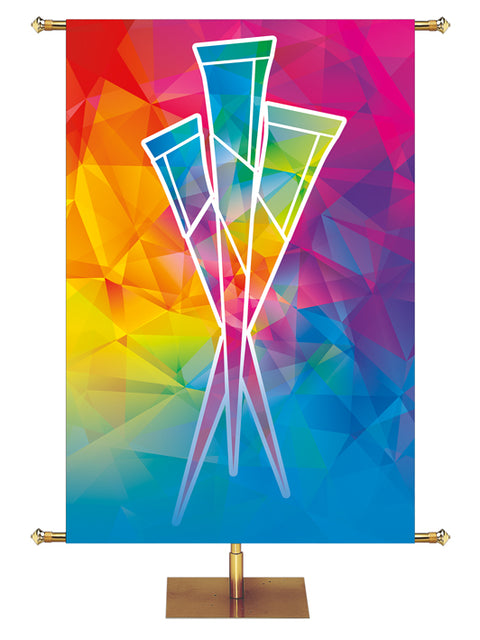 Custom Banner Background Hues of Grace with brilliantly multicolored Crucifixion Nails Symbol in wide format right side