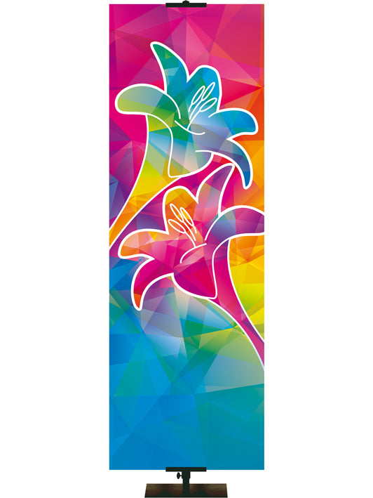 Custom Banner Background Hues of Grace with brilliantly multicolored Lily Symbol in left side thin format