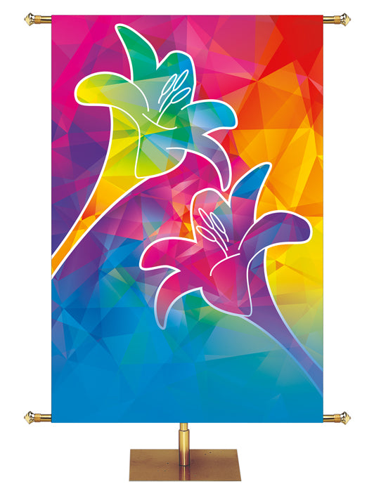 Custom Banner Background Hues of Grace with brilliantly multicolored Lily Symbol in left side wide format