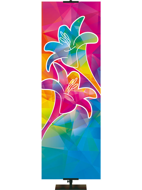 Custom Banner Background Hues of Gracewith brilliantly multicolored Lily Symbol in right side thin format