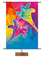 Custom Banner Background Hues of Gracewith brilliantly multicolored Lily Symbol in right side wide format