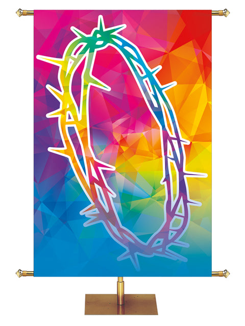 Custom Banner Background Hues of Grace with multicolored Crown of Thorns Symbol in wide format left