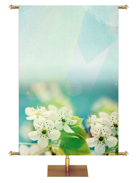 Custom Church Banner with Snow White Flowers with Green Leaves on Pastel