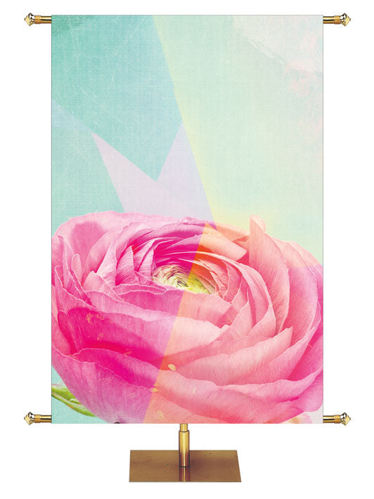 Custom Church Banner with Pink Buttercup Flower on Pastel
