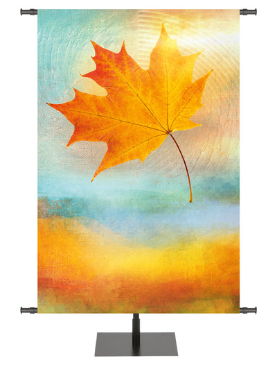 A Joyous Autumn Custom Banner with Golden Maple Leaf on watercolor background