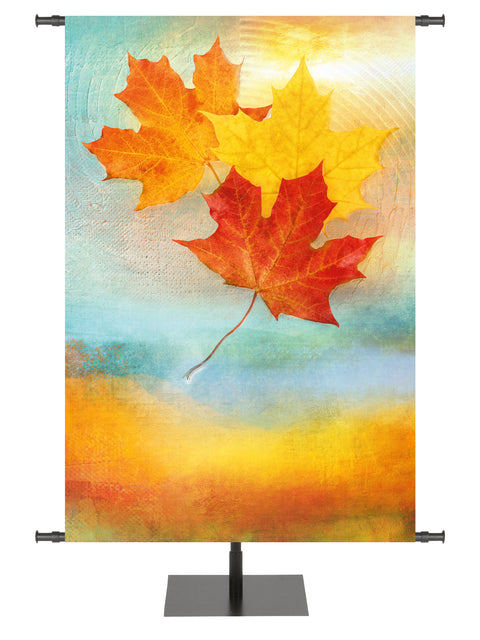 A Joyous Autumn Custom Banner with gold, yellow, and orange Maple Leaves on watercolor background