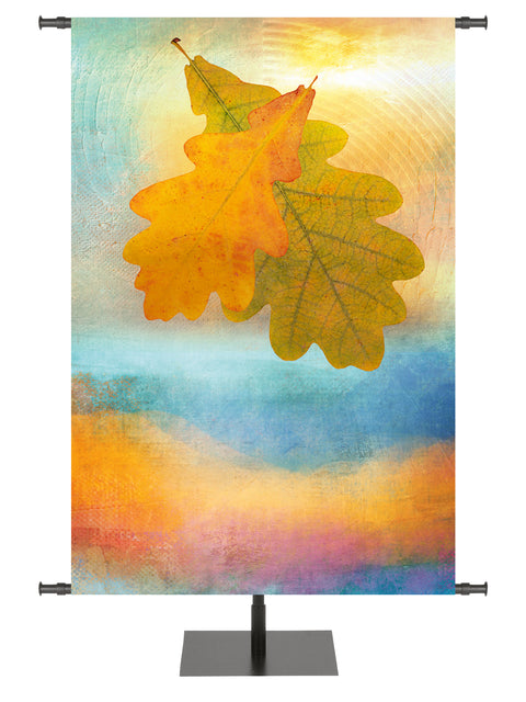 A Joyous Autumn Custom Banner with Fall Oak Leaves on watercolor background