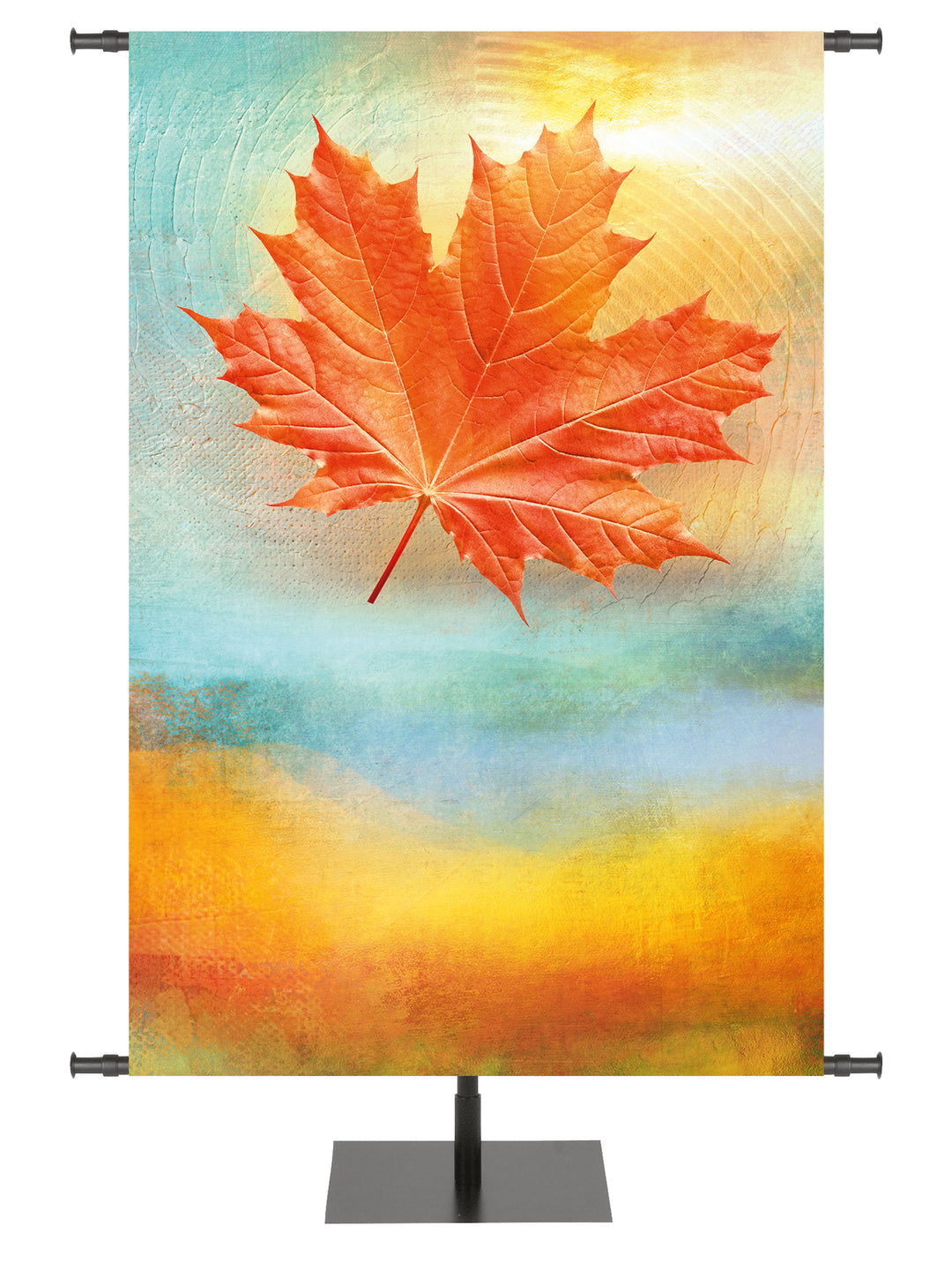 A Joyous Autumn Custom Banner with rust Maple Leaf on watercolor background