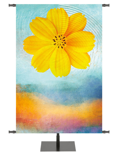 A Joyous Spring Custom banner background with bright yellow hibiscus bloom