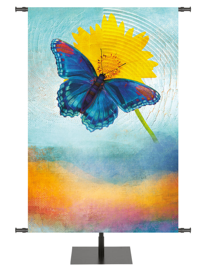 A Joyous Spring Custom banner background with butterfly and flower image