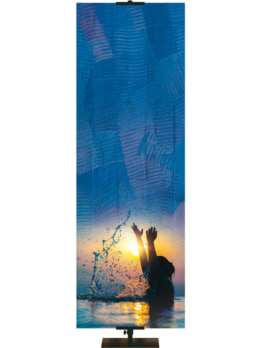 Custom Church Banner Background with Sunrise over baptism on blue