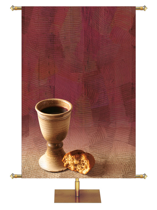 Custom Church Banner Background on red with Communion chalice on the left with bread