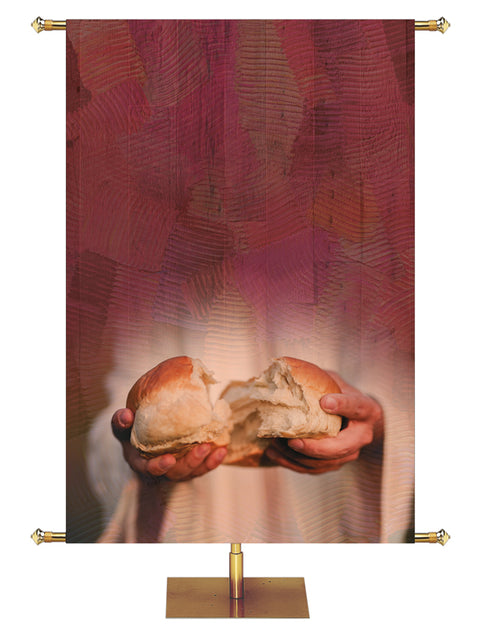 Custom Church Banner Background with Broken Bread in hands on red