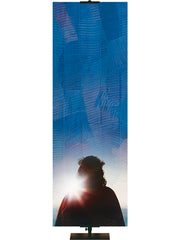 Custom Church Banner Background with Silhouette of Christ on blue
