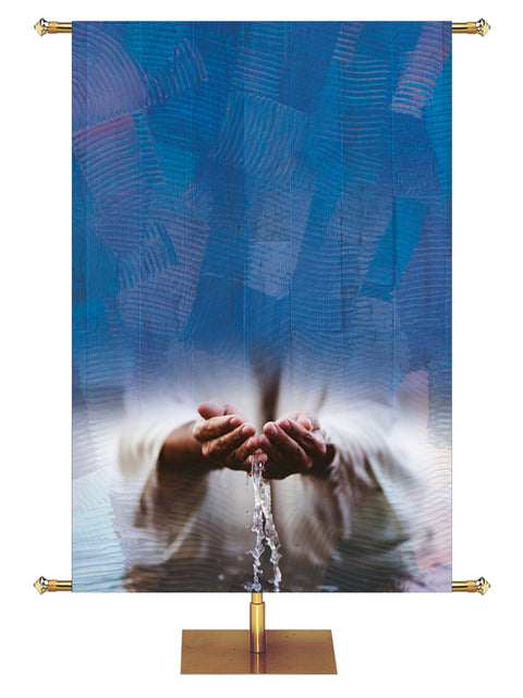 Custom Church Banner Background with Water flowing through hands on blue