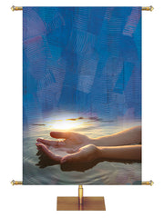 Custom Church Banner Background with Hands and pool of water on blue