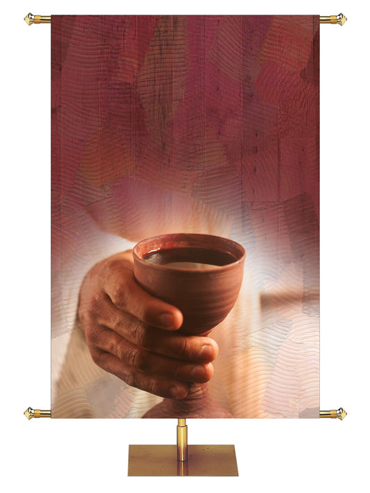 Custom Church Banner Background with Hand holding Communion chalice on red
