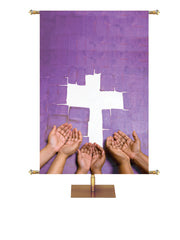 Cross & Hands Custom Banner In 5 Color Options - Custom Mission Banners - PraiseBanners