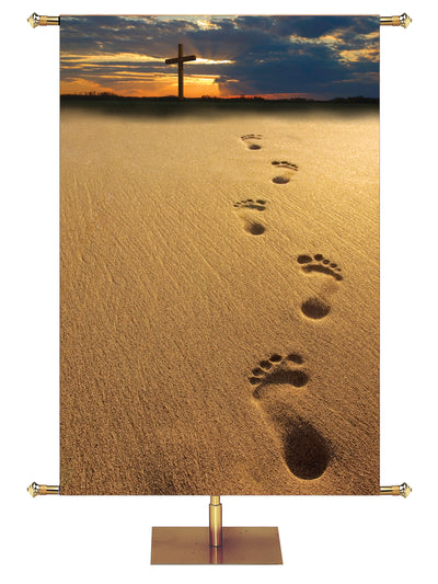 Footprints in sand leading to cross in distance Custom Banner Background
